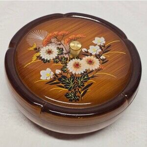 Westland Vintage Japanese Floral Lacquer Rhinestone Round Box Amber Brown